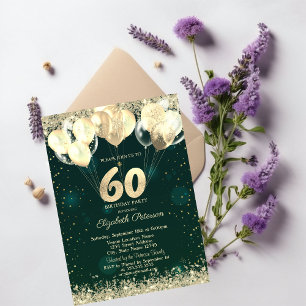 Invitation Balloons Confettis Pailletés Or Vert 60 ans Annive