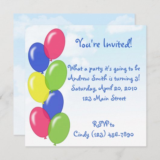 Invitation Balloons d'anniversaire (Devant / Derrière)