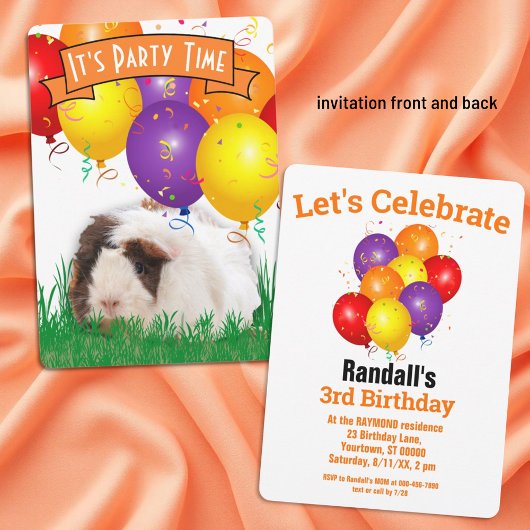 Invitation Balloons de cochons d'Inde orange pour l'anniversa