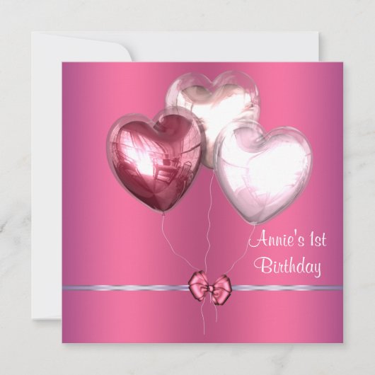 Invitation Balloons de Coeur Rose Filles 1er anniversaire (Devant)