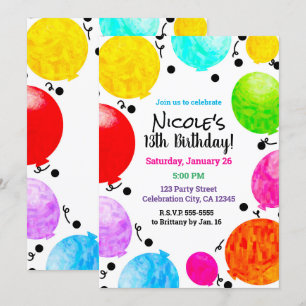 Invitation Balloons de fête amusants Color Pop pour célébrati
