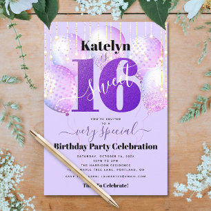 Invitation Balloons de fête d'anniversaire 16 ans Sweet 16 mo