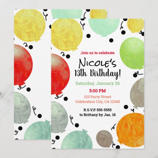 Invitation Balloons de fête Fun Fiesta Célébration d'annivers (Devant / Derrière)