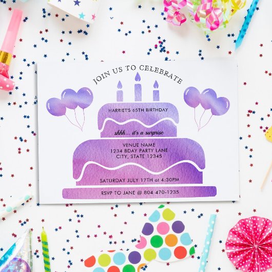 Invitation Balloons de gâteau rose violet 65e anniversaire