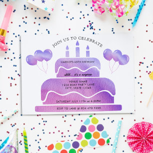 Invitation Balloons de gâteau rose violet 65e anniversaire