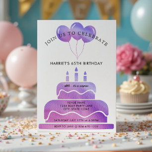 Invitation Balloons de gâteau rose violet 65e anniversaire