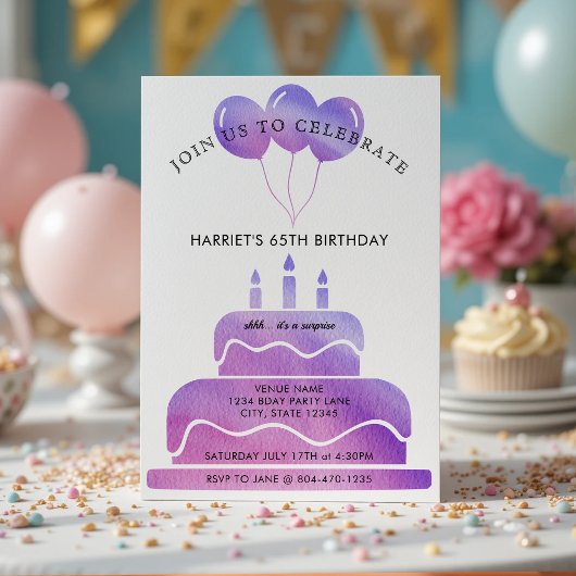 Invitation Balloons de gâteau rose violet 65e anniversaire