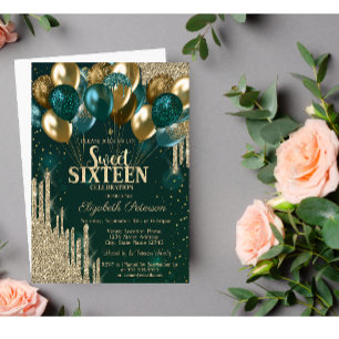Invitation Balloons de gouttes de paillettes d'or Vert 16 dou