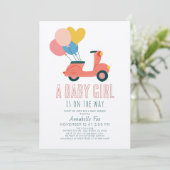 Invitation Balloons de Scooter rose Baby shower fille (Debout devant)