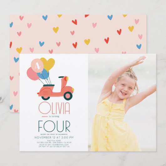 Invitation Balloons de Scooter rose fille Anniversaire Photo (Devant / Derrière)