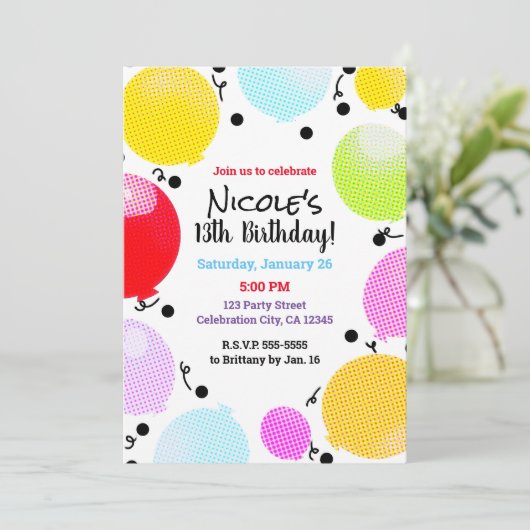 Invitation Balloons de style comique Whimsical fête d'anniver (Debout devant)