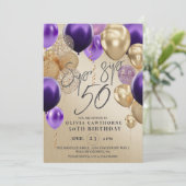 Invitation Balloons d'or moderne violet 50e anniversaire fête (Debout devant)