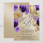 Invitation Balloons d'or moderne violet 50e anniversaire fête (Devant / Derrière)