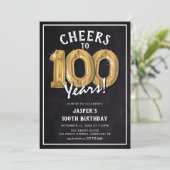 Invitation Balloons d'or Rustic Chalkboard 100e anniversaire (Debout devant)