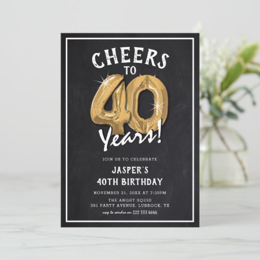 Invitation Balloons d'or Rustic Chalkboard 40e anniversaire (Debout devant)