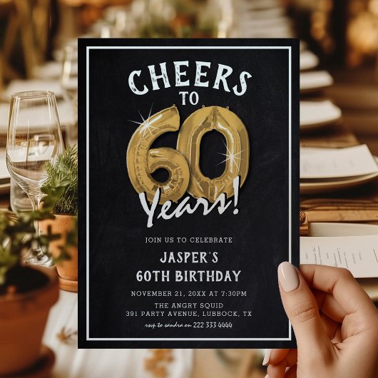 Invitation Balloons d'or Rustique Chalkboard 60e anniversaire