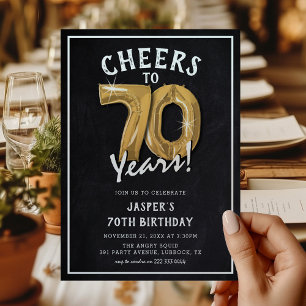 Invitation Balloons d'or Rustique Chalkboard 70e anniversaire