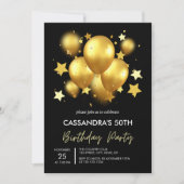 Invitation Balloons dorés soyeux Étoiles Anniversaire noir (Devant)