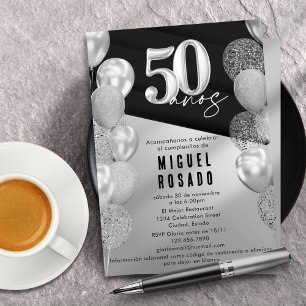 Invitation Balloons Élégants Noir Argent Anniversaire 50 ans