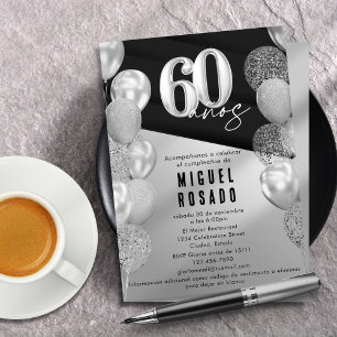 Invitation Balloons Élégants Noirs et Argent pour Soirée d'An