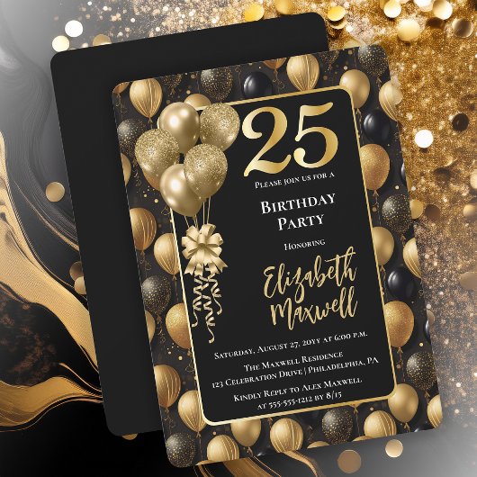 Invitation Balloons élégants noirs et dorés pour 25e annivers