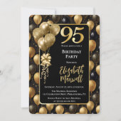 Invitation Balloons élégants noirs et dorés pour 95e annivers (Devant)