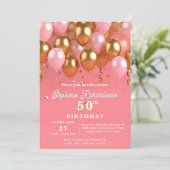 Invitation Balloons Élégants Rose et Or 50e Anniversaire (Debout devant)