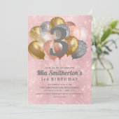 Invitation Balloons en or rose argent fille 3e anniversaire (Debout devant)