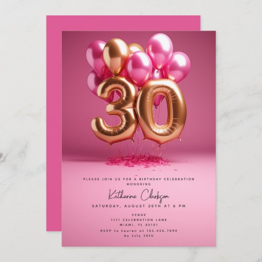Invitation Balloons en or rose chaud 30e fête d'anniversaire (Devant / Derrière)