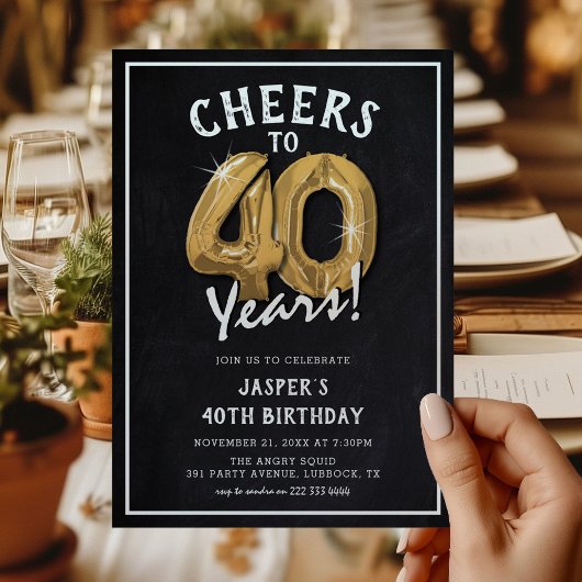 Invitation Balloons en or tableau noir rustique 40e anniversa