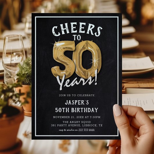 Invitation Balloons en or tableau noir rustique 50e anniversa