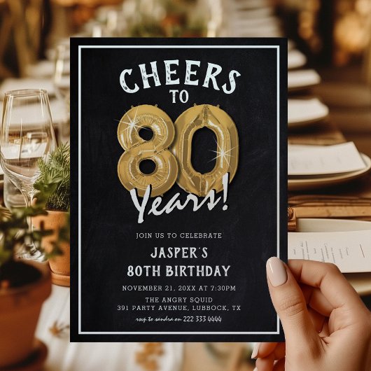 Invitation Balloons en or tableau noir rustique 80e anniversa