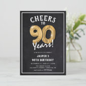 Invitation Balloons en or tableau noir rustique 90e anniversa (Debout devant)