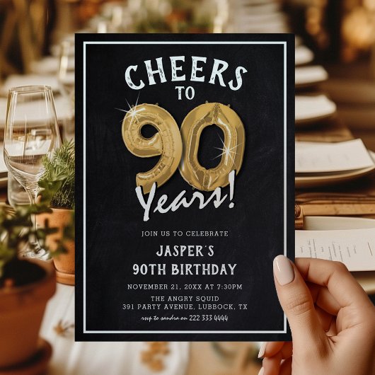 Invitation Balloons en or tableau noir rustique 90e anniversa