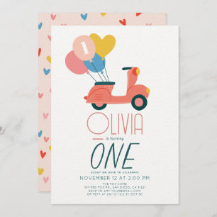 Invitation Balloons en Scooter rose Fille 1er anniversaire
