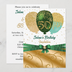 Invitation Balloons en soie verts et or pour les 50 ans Gala