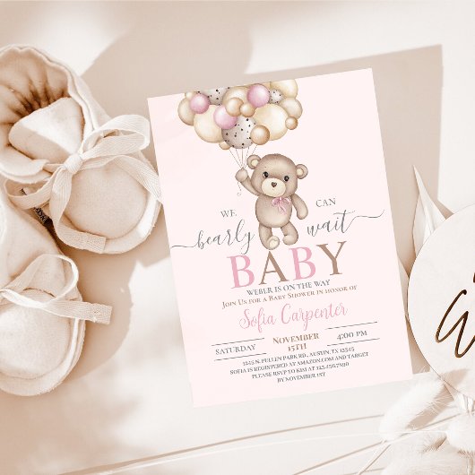 Invitation Balloons en Teddy rose Baby shower fille