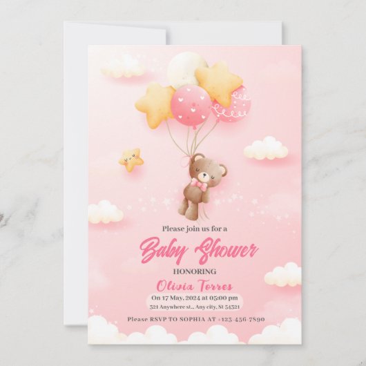 Invitation Balloons en Teddy rose Fille Baby shower (Devant)