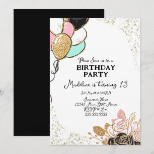 Invitation Balloons et Fleurs Rose Noir Fête d'Anniversaire