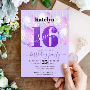 Invitation Balloons Fille Anniversaire 16 Ans Paillettes Viol