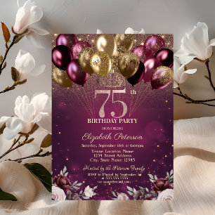 Invitation Balloons Fleurs Burgundy Pailletés 75 ans Annivers