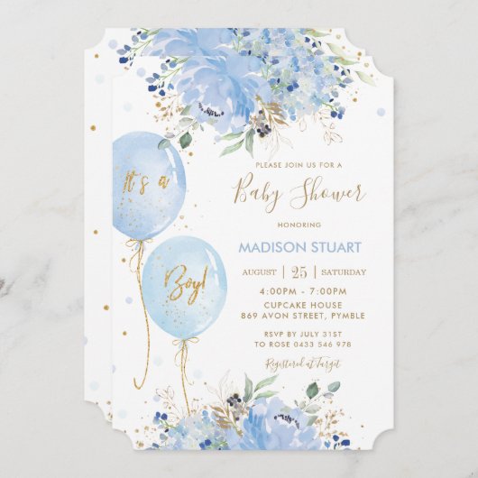 Invitation Balloons Floraux Bleus Chic Moderne Baby shower I (Devant / Derrière)