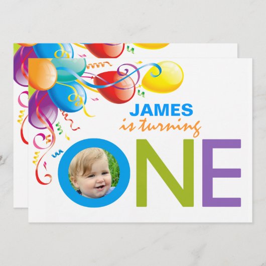 Invitation Balloons Garçon Première fête d'anniversaire | Inv (Devant / Derrière)