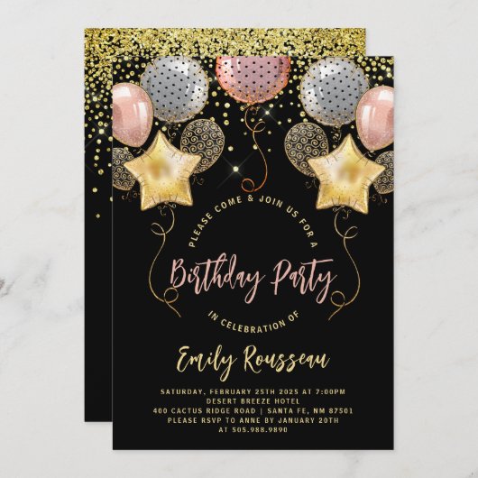 Invitation Balloons Gold Confetti (Devant / Derrière)