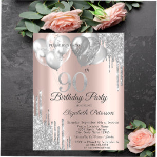 Invitation Balloons Gouttes de Paillettes Argentées 90e Anniv