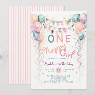 Invitation Balloons Guirlandes Rose Une Heureuse Fille 1er An