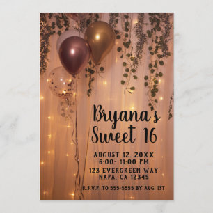 Invitation Balloons Lumières Rose Gold Rose Rustique Douce 16