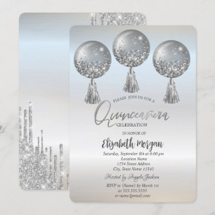 Invitation Balloons Luxueux Pailletés Gouttes Argent Quinceañ