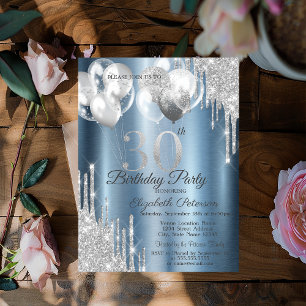 Invitation Balloons Metallic Bleu avec Gouttes de Paillettes