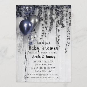 Invitation Balloons métallisés bleu argent Fête prénatale Ivy